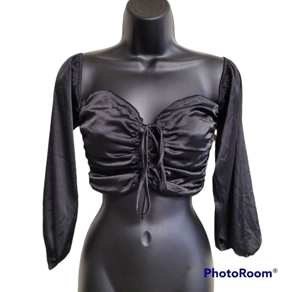 Blue Blush‎ Black Satin Lace Up Tie Front Off The Shoulders Crop Top Size Small